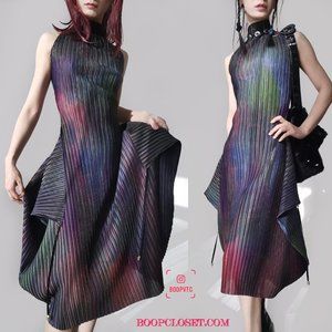 Issey Miyake Pleats Please dark plum black maxi classic folded dress pleats